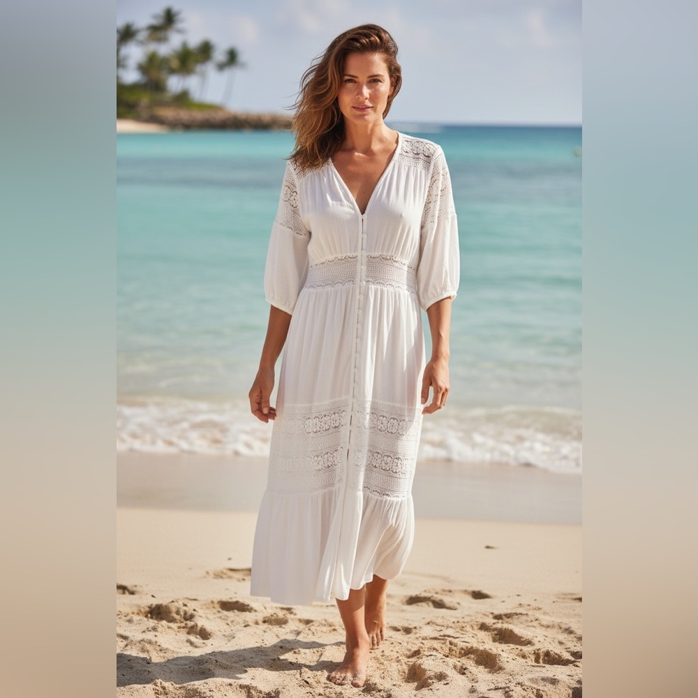 White Lace Crochet Swimsuit Coverup Boho Chic Midi Dress One Size
